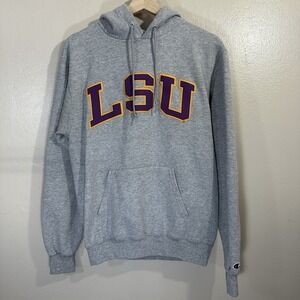 LSU TIGERS Champion Men's S Gray Arch Spell Out Logo Pullover Sweatshirt Hoodie